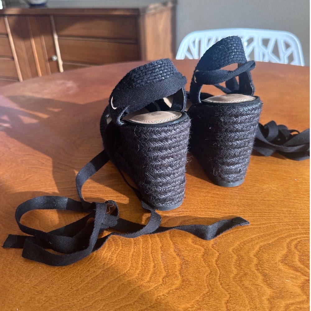Zara Black Espadrille Wedge Sandals Lace Up Ankle Tie Woven Jute Heels 38 - Picture 4 of 7